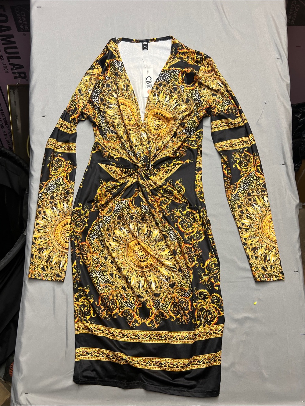 CBR Black & Gold Baroque Twist-Front Long Sleeve Midi Dress